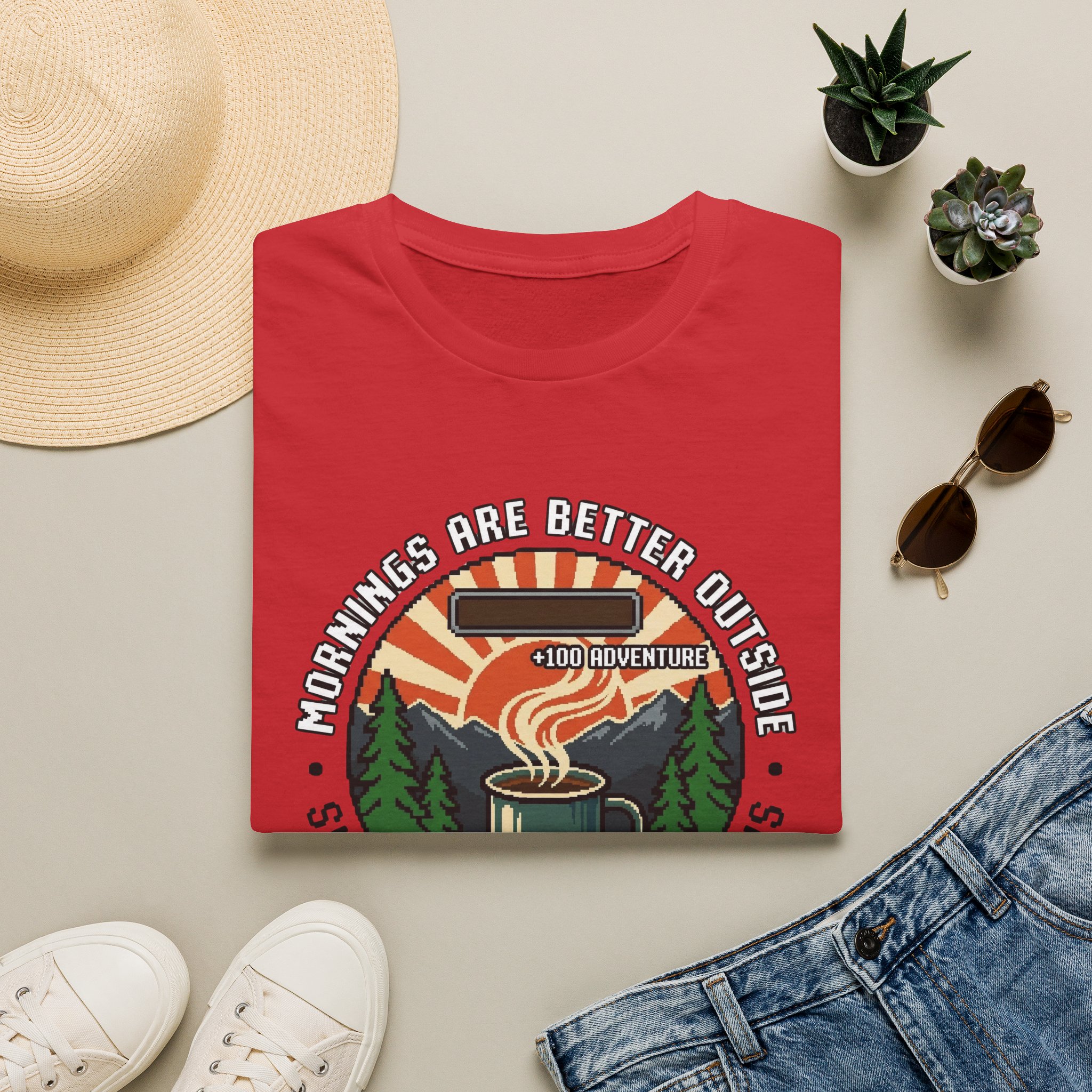 Mornings Are Better Outside T-shirt - Sunrise. Coffee. Mountains Retro Game Design - Image 41