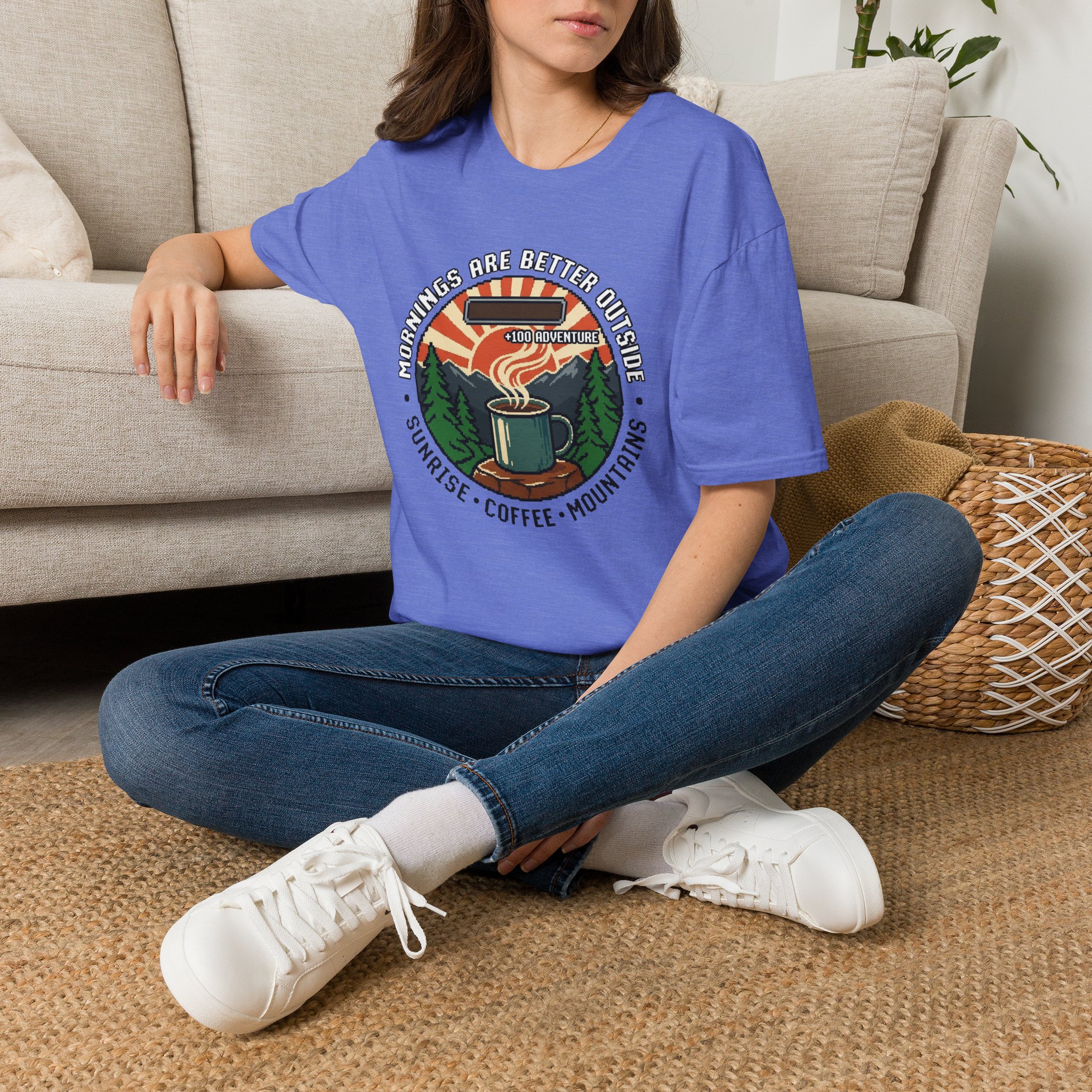 Mornings Are Better Outside T-shirt - Sunrise. Coffee. Mountains Retro Game Design - Image 30